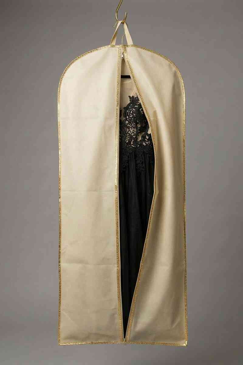 Krem Gold Şeritli Fermuarlı Abiye Elbise Koruma Kılıfı